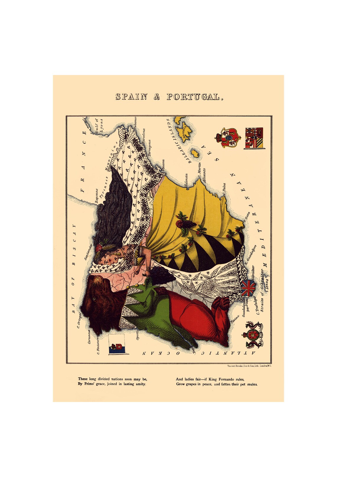 Comic Map of Spain Portugal 1868 Victorian Caricature Map Art Poster