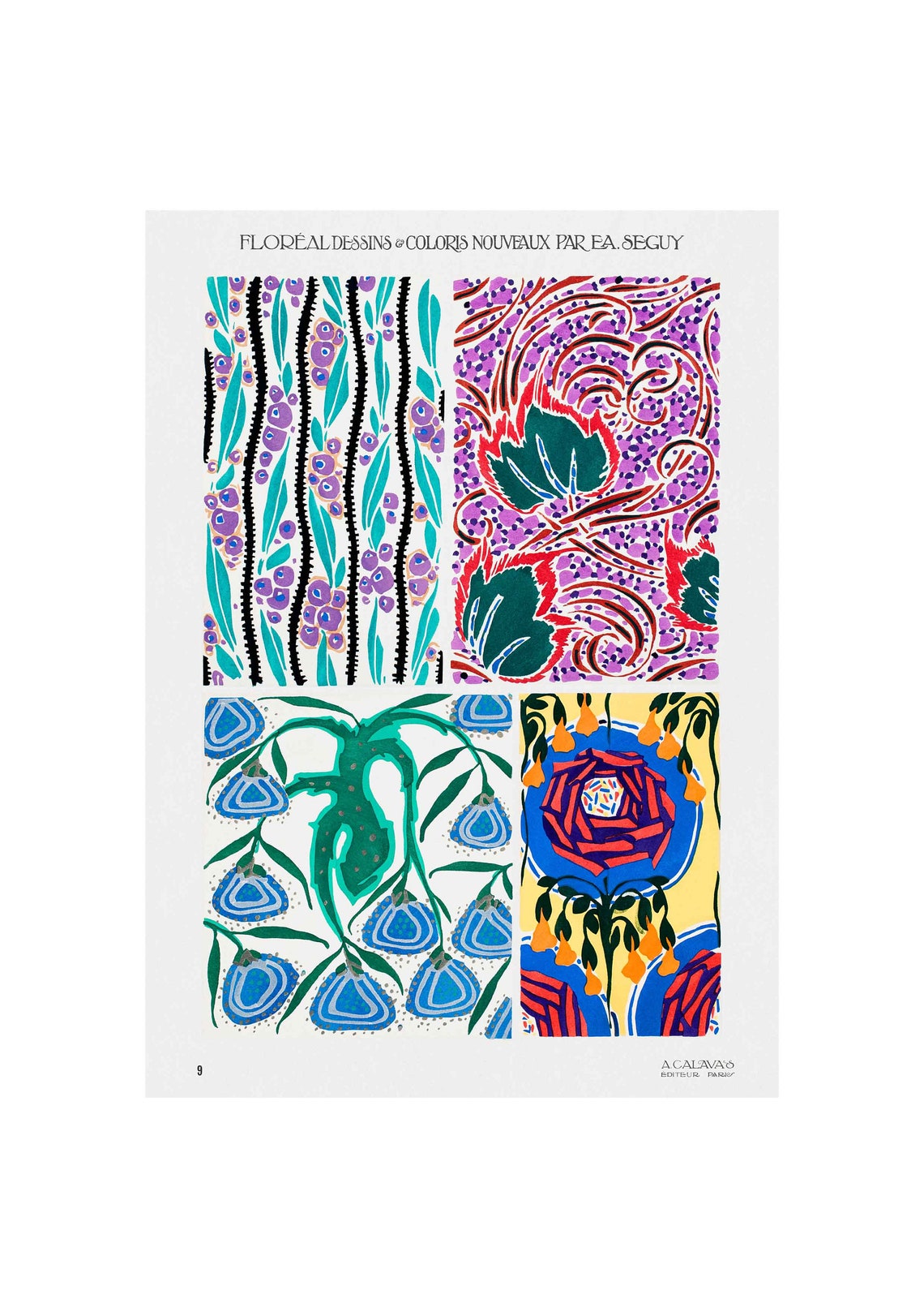 E A Seguy Floreal Plate 9 Purple Berries Blue Bell Pattern Poster