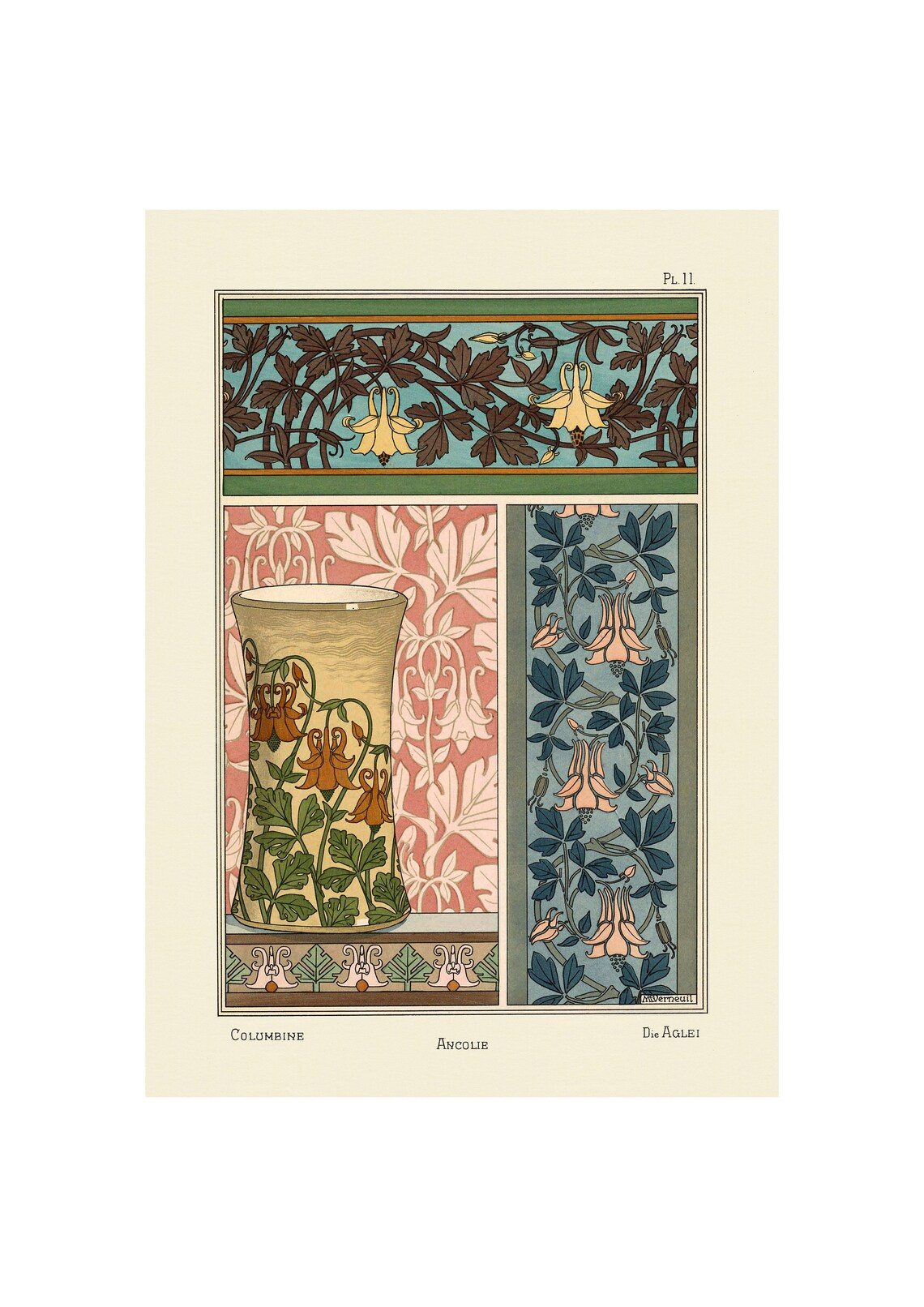 1896 Art Nouveau Columbine Vase Floral Pattern Ornament Poster