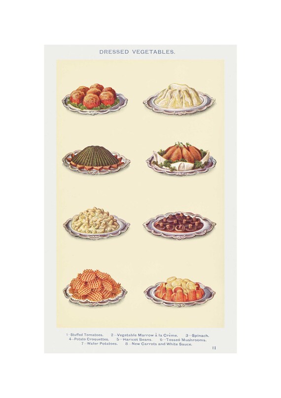 Dressed Vegetables Print Antique Lithograph From Mrs Beetons Cookery Book A3a4 Framedunframed