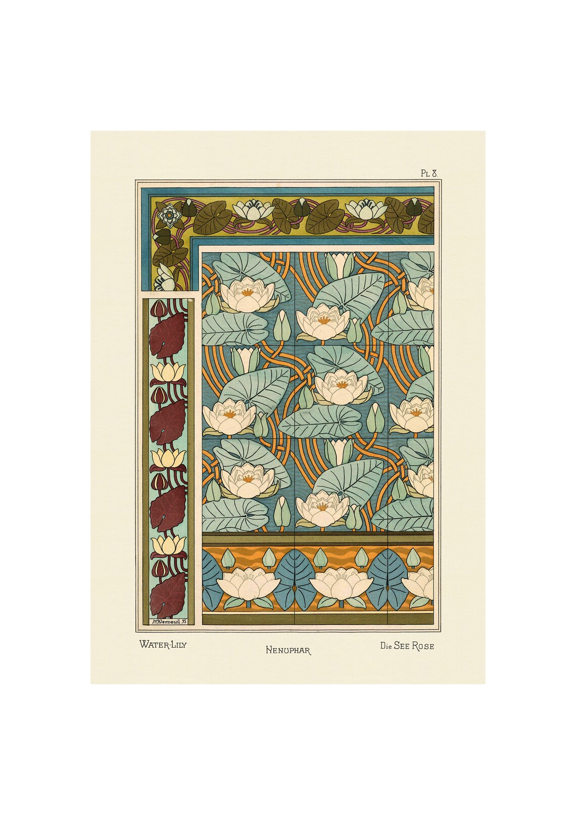 1896 Art Nouveau Water Lily Floral Pattern Ornament Plate Poster