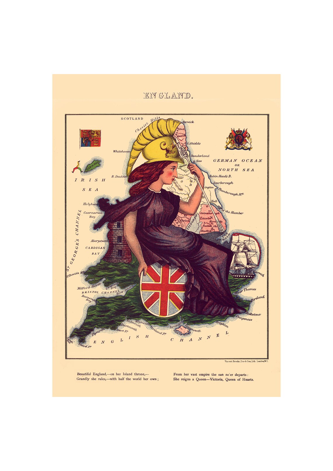 England Victorian Map, Antique Lithograph