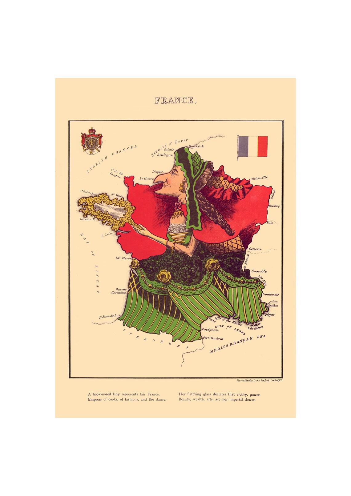 Comic Map of France 1868 Hook Nosed Lady Antique Caricature Map Poster