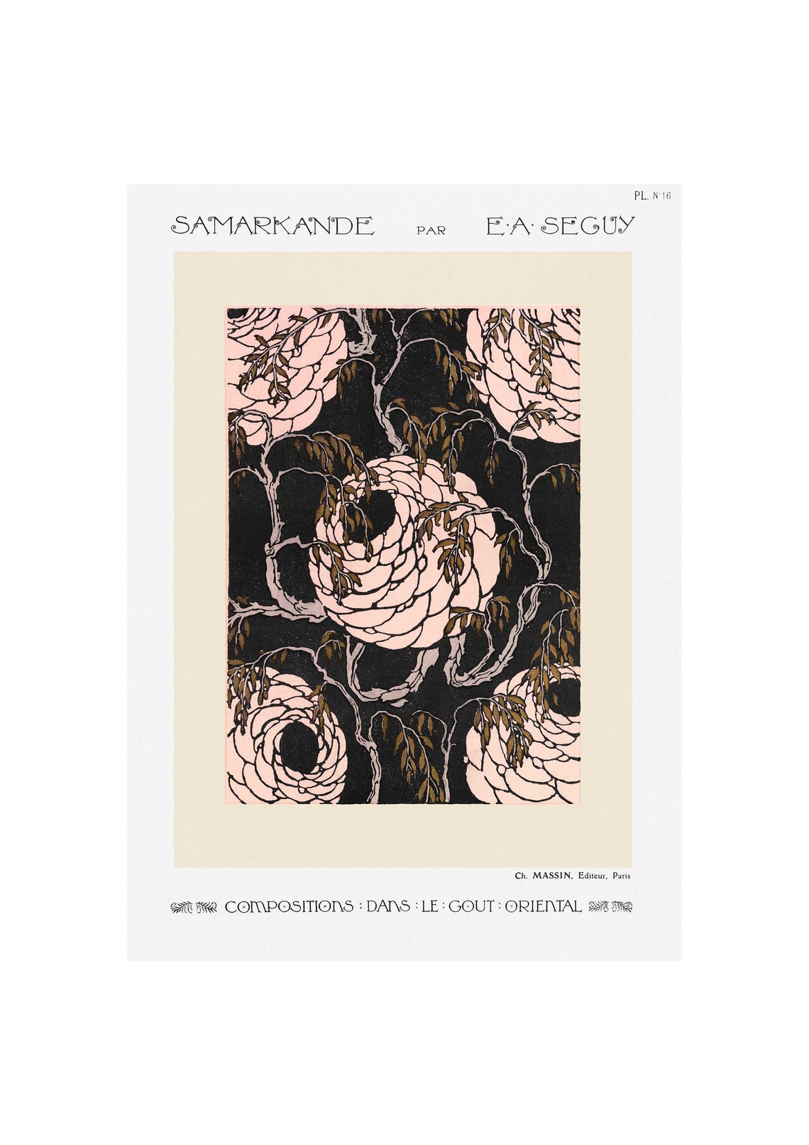 E.A. Seguy Samarkand Plate 16 Blush Peony Blossoms on Black Poster