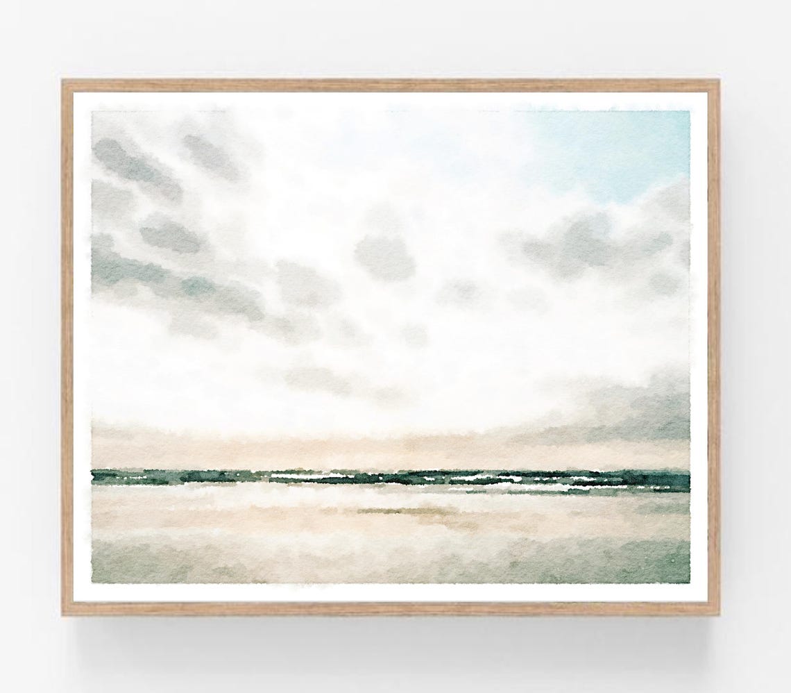 Neutral Beach Coast Watercolor Muted Cloudy Tranquil Modern Wall Art