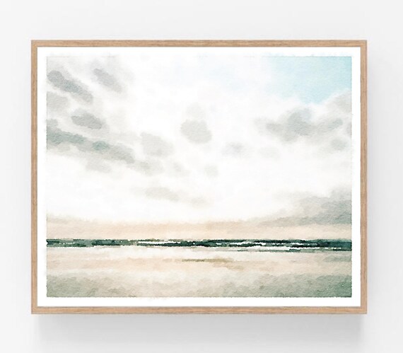 Neutral Beach Coast Watercolor Muted Cloudy Tranquil Modern Wall Art