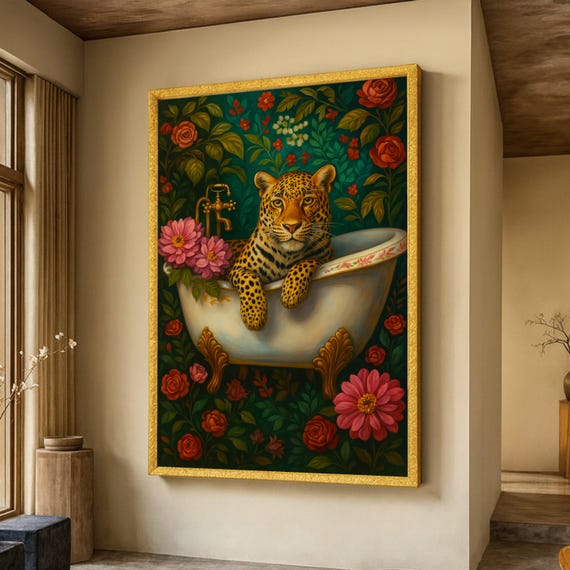 Majestic Leopard In Vintage Bathtub Canvas Floral Botanical Wall Art Exotic Wildlife Nature Home Decor