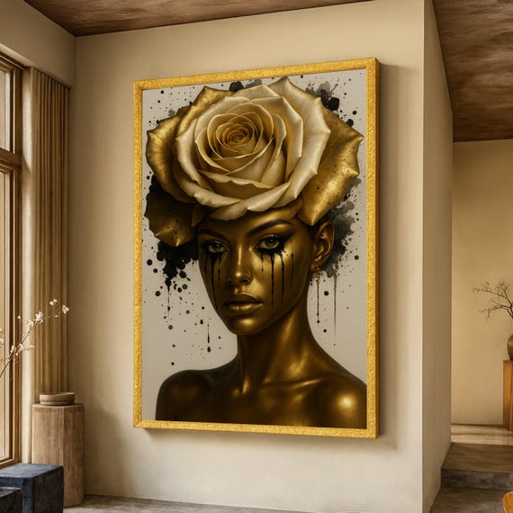 Golden Woman Portrait Canvas Metallic Rose Headpiece Wall Art Contemporary Female Face Modern Abstract Home Decor