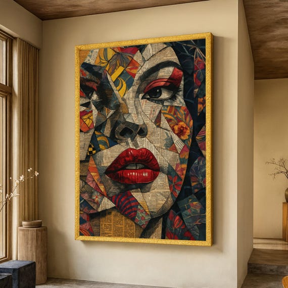 Abstract Female Portrait Canvas Wall Art Mixed Media Collage Style Red Lips And Floral Patchwork Modern Decorative Contemporary