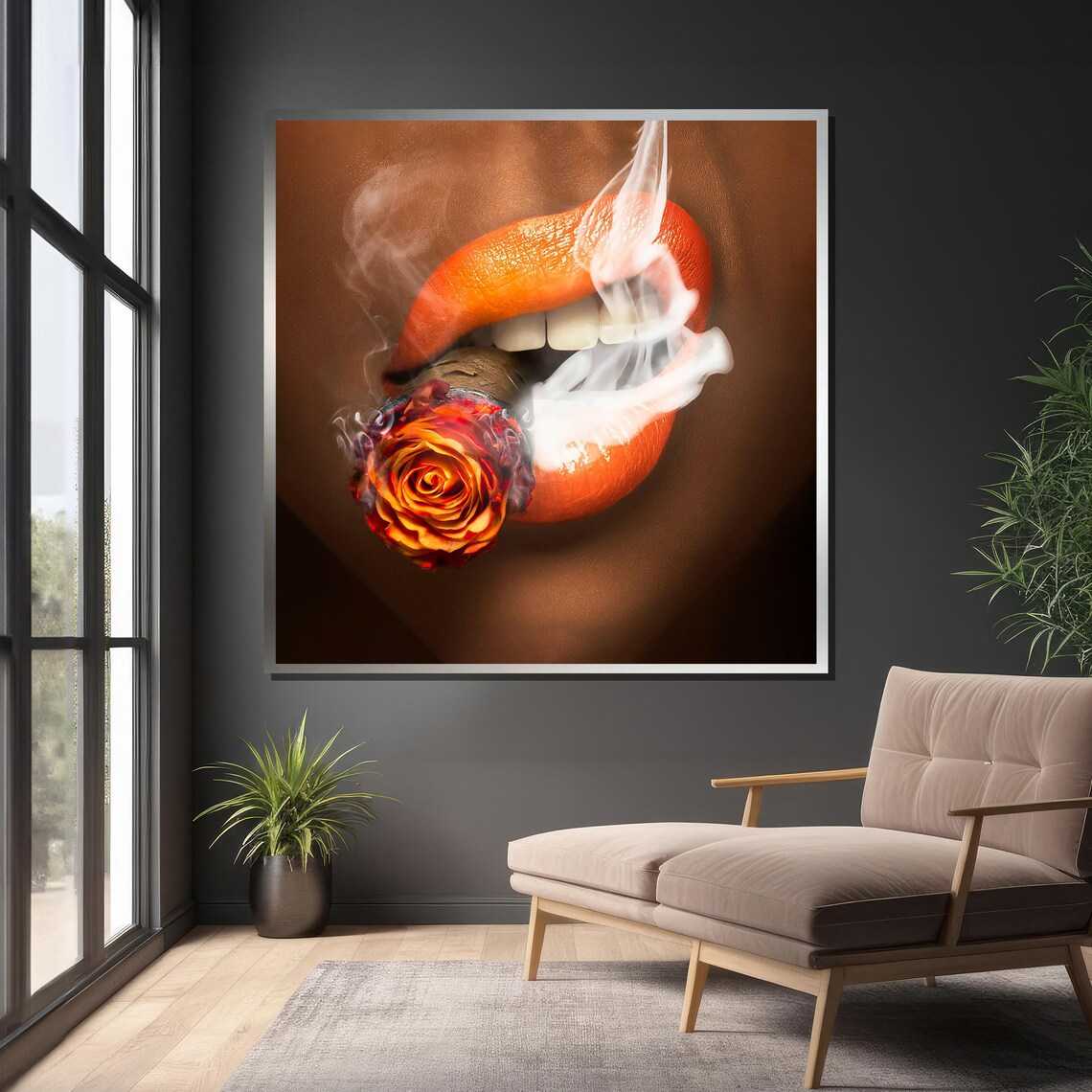 Bold Lips With Smoking Rose, Modern Surreal Art - Image 4