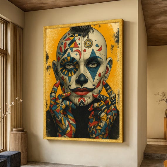 Colorful Geometric Clown Portrait Abstract Face Paint Canvas Modern Pop Art Wall Decor Unique Home Decoration Ready To Hang