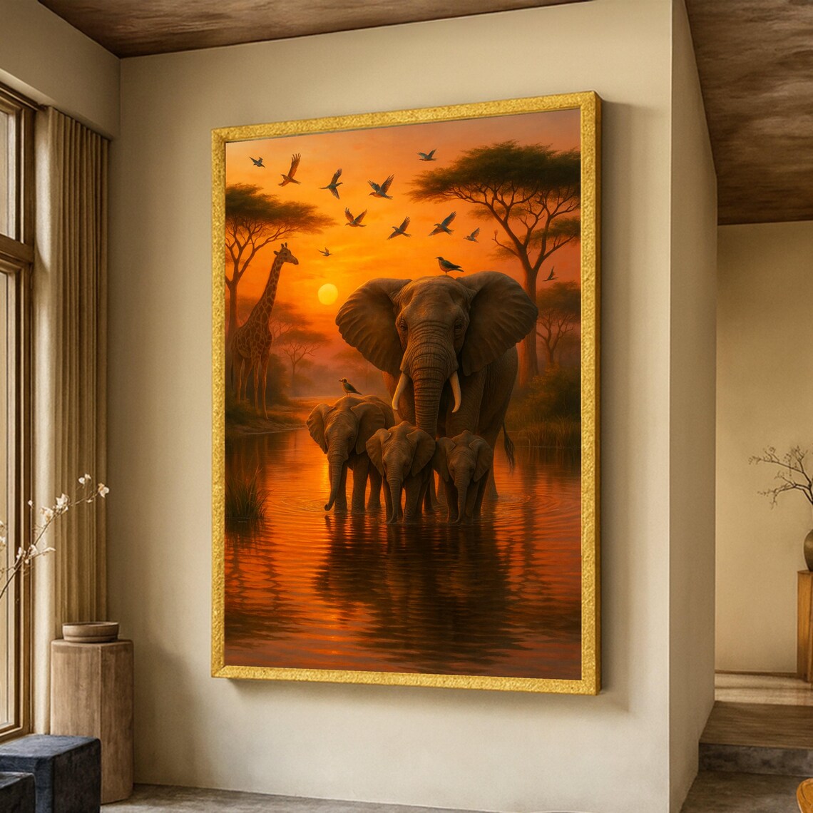 African Safari Sunset Elephant Family Poster Print
