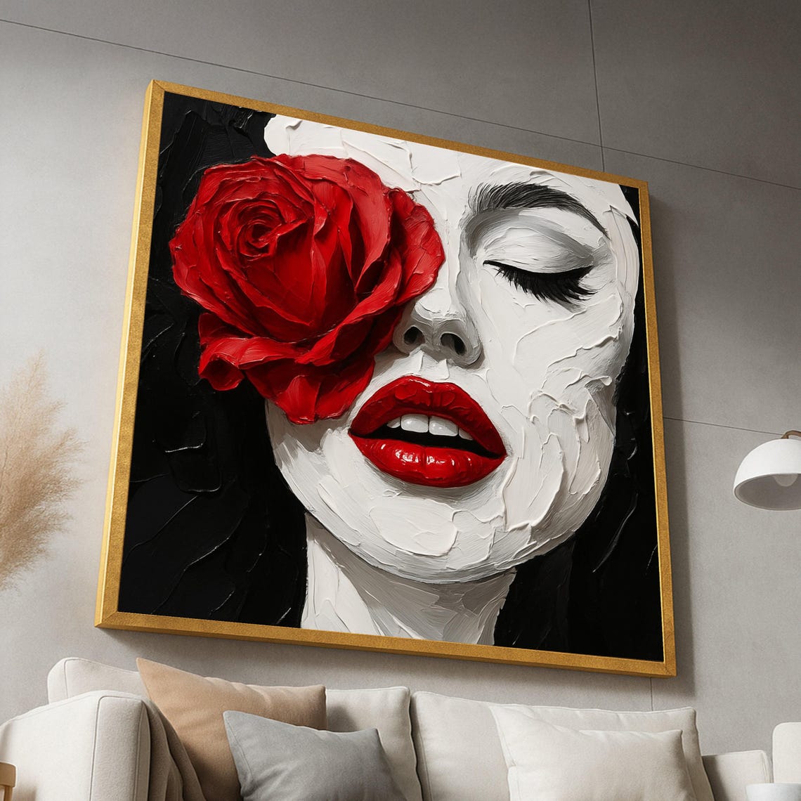 Dramatic Red Rose Woman Face Impasto Oil Painting Art Poster