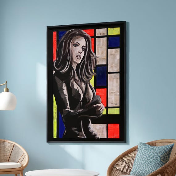 Bold Woman Portrait Pop Art Black And White With Colorful Geometric Background Modern Urban Mixed Media Canvas