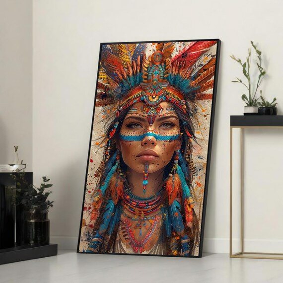 Tribal Woman With Ornate Feather Headdress And Blue Face Paint Vibrant Indigenous Canvas Bold Cultural Art For Living Room Or Office