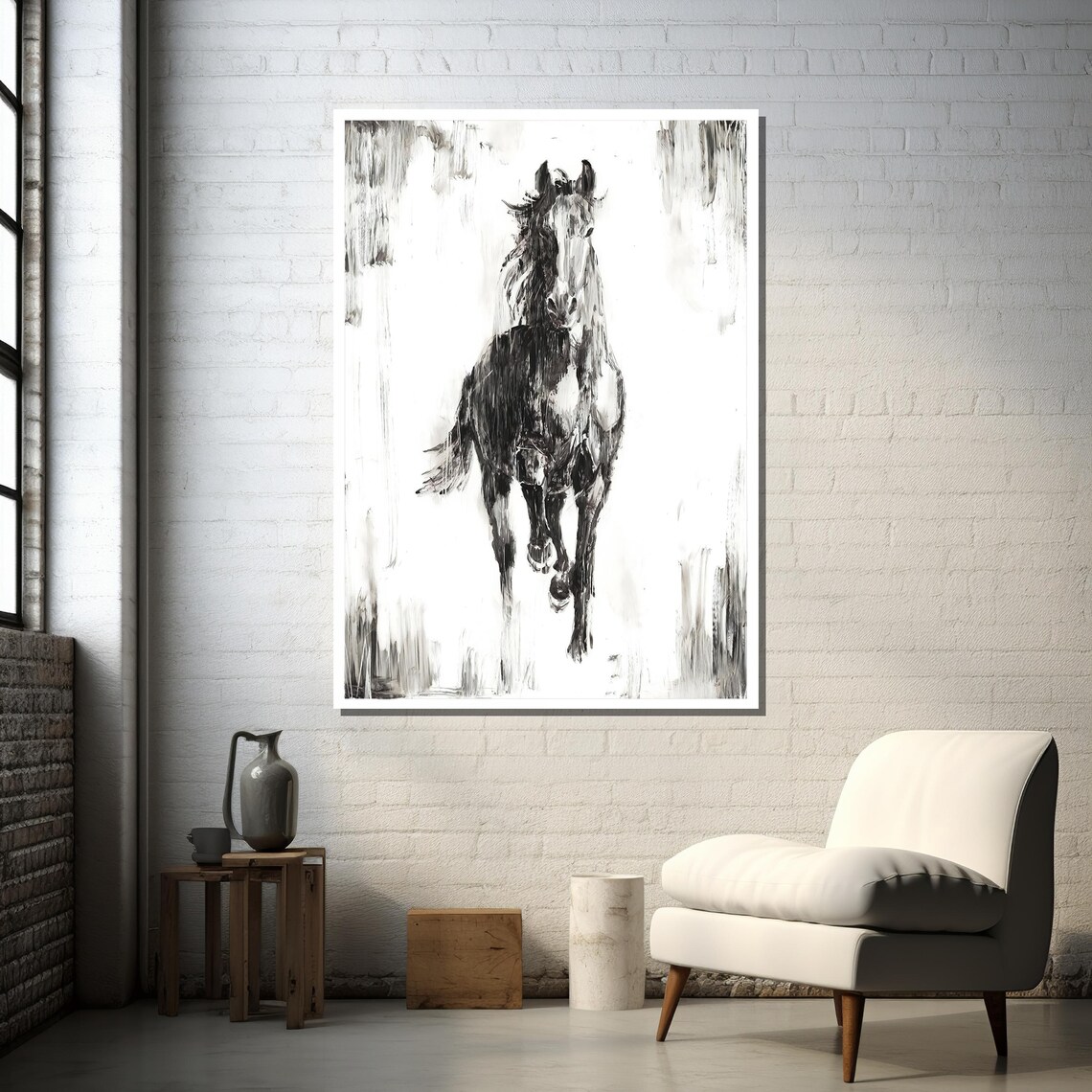 Black And White Horse Abstract, Dynamic Monochrome Art - Image 3