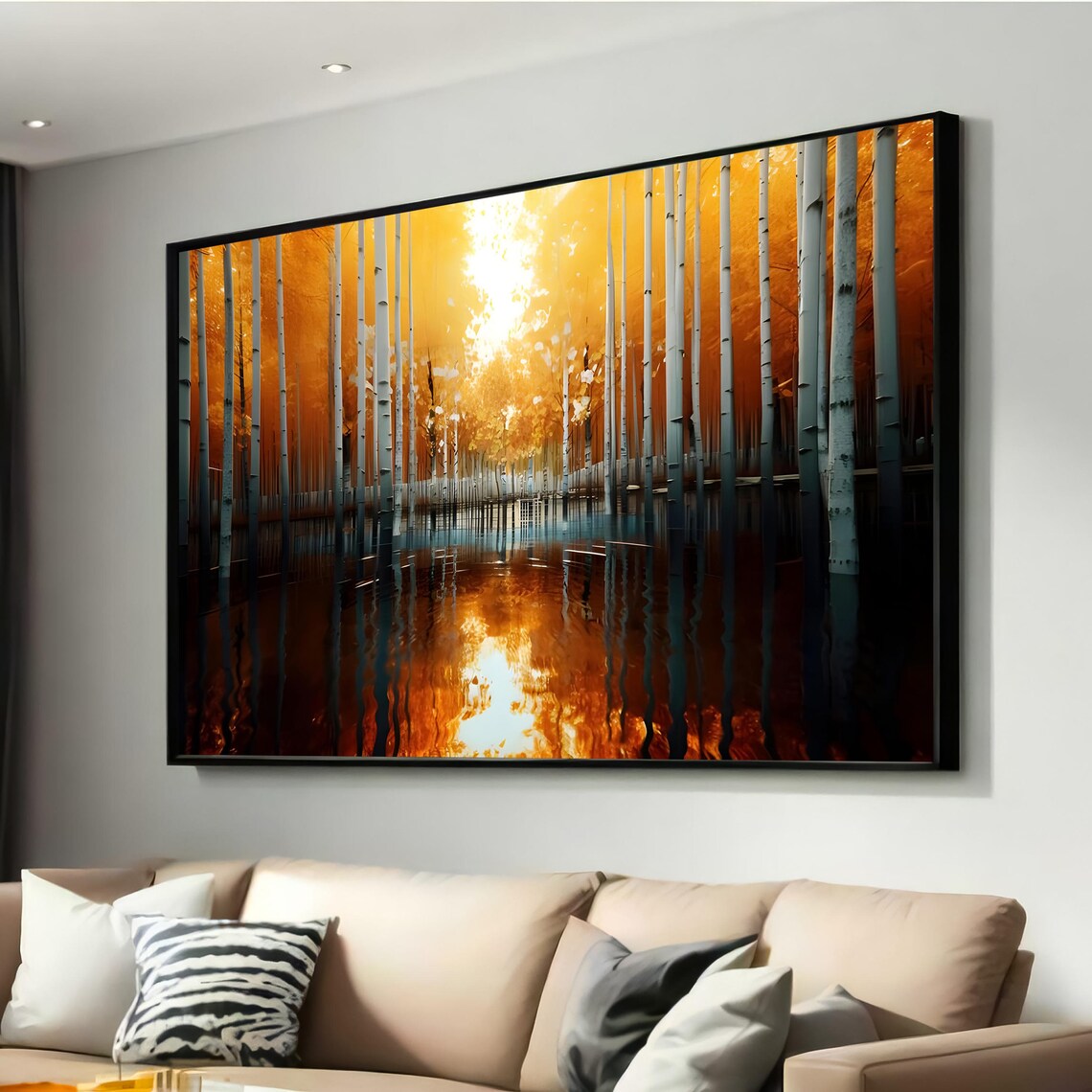 Surreal Birch Tree Forest Canvas Print Autumn Reflection With Golden Light Dreamlike Nature Wall Art For Modern Home Decor