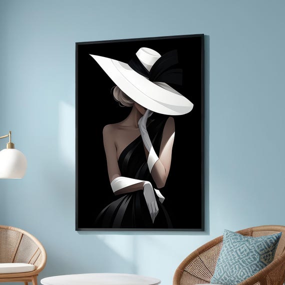 Elegant Black And White Woman With Hat Canvas Print Minimalist Fashion Wall Art Stylish Female Portrait For Modern Decor Living Room