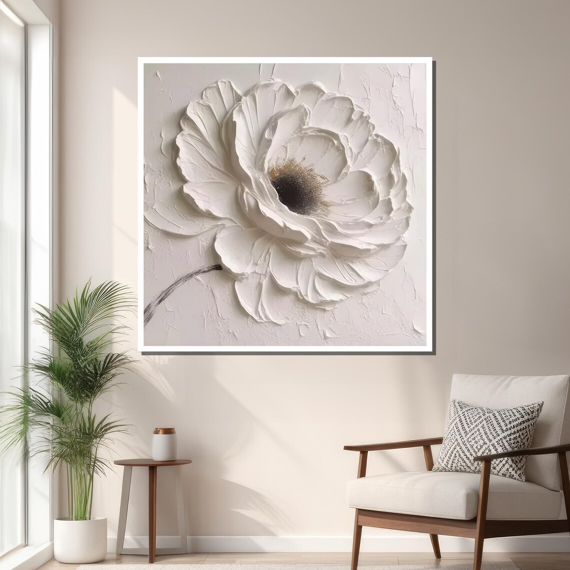 White Flower Art, Minimalist Floral Painting - Image 3