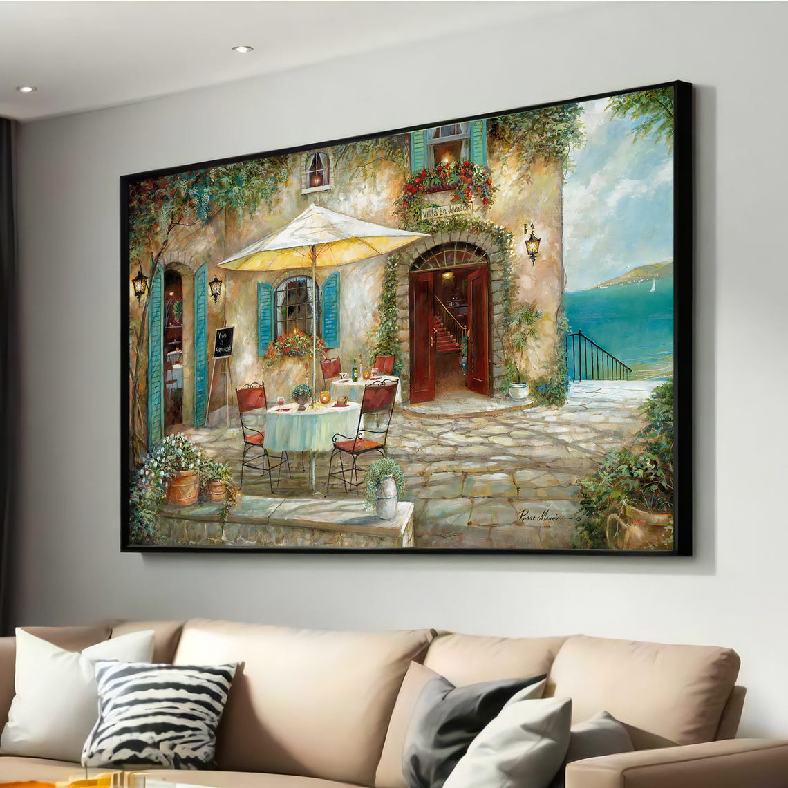 Mediterranean Villa Seaside Cafe Terrace Romantic Painting Print