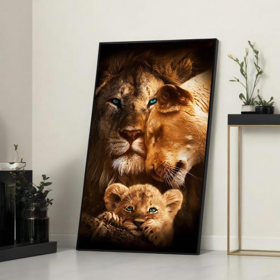 Realistic Lion Family Canvas Print Majestic Lioness And Cub With Striking Blue Eyes For Animal Lovers Nature Decor