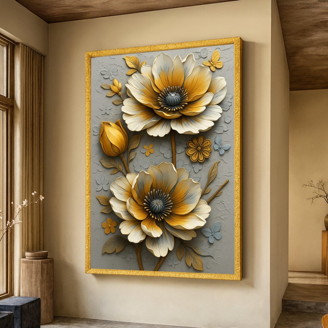 Elegant Golden Yellow And Grey Floral, Botanical Art Print