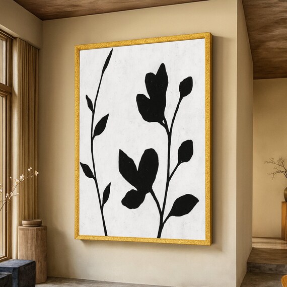 Black Botanical Silhouette Stems White Minimalist Modern Art Poster