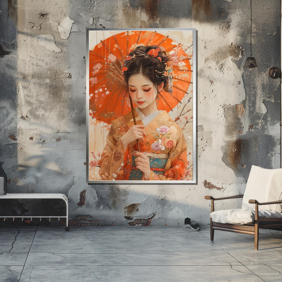 Japanese Woman With Orange Parasol, Boho Portrait Art - Image 3