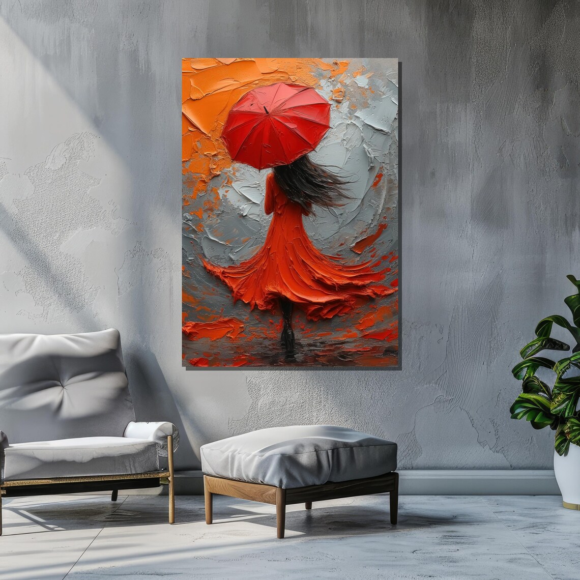 Woman With Red Umbrella, Bold Abstract Painting - Image 3