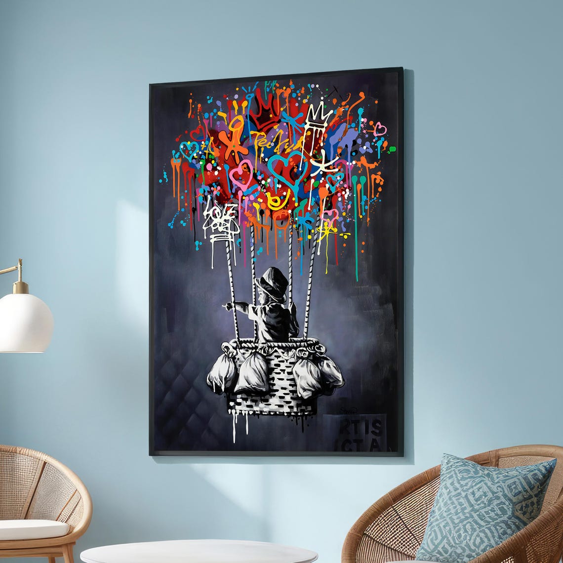 Graffiti Hot Air Balloon Child Basket Colorful Drip Art Poster