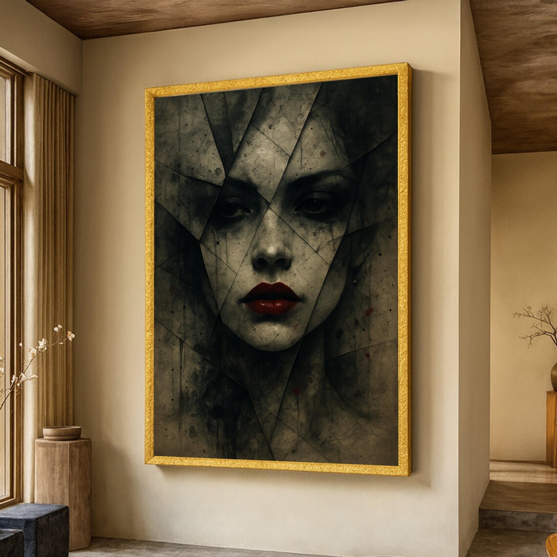 Shattered Glass Portrait Woman Red Lips Grunge Fragment Art Poster