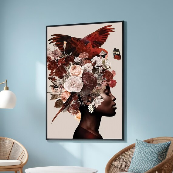 Elegant Woman With Red Parrot And Floral Headdress Surreal Wall Art Vibrant Flowers For Boho Botanical Or Natureinspired Decor
