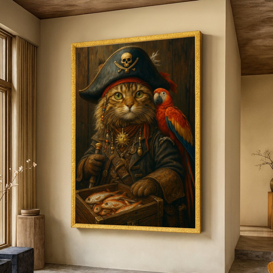 Pirate Cat Art Print, Nautical Animal Portrait