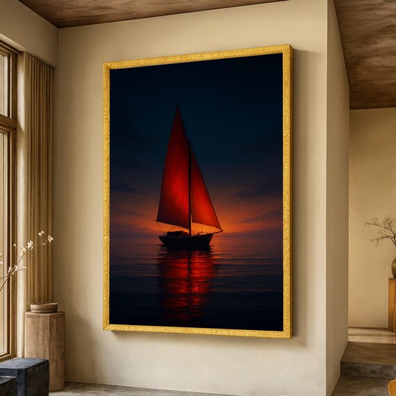 Red Sailed Boat at Sunset Night Ocean Reflection Seascape Poster