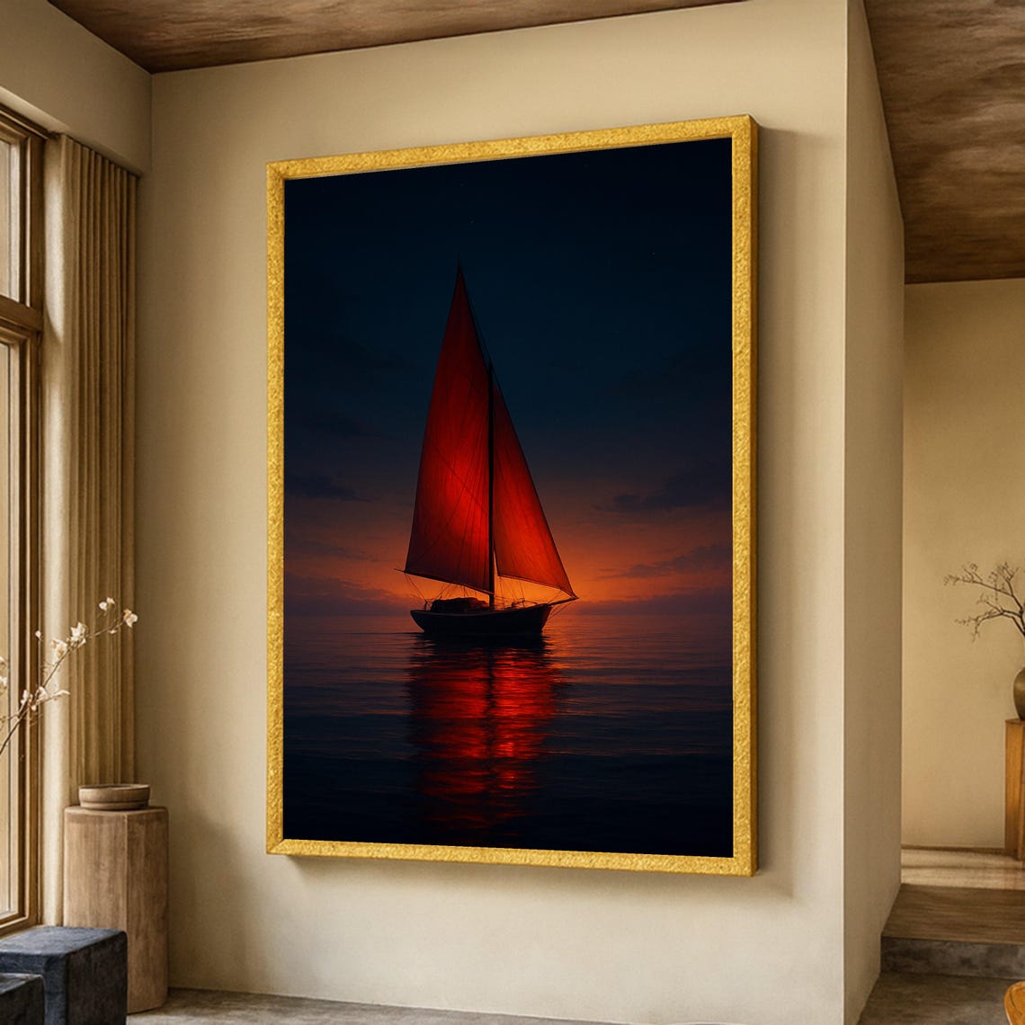 Red Sailed Boat at Sunset Night Ocean Reflection Seascape Poster