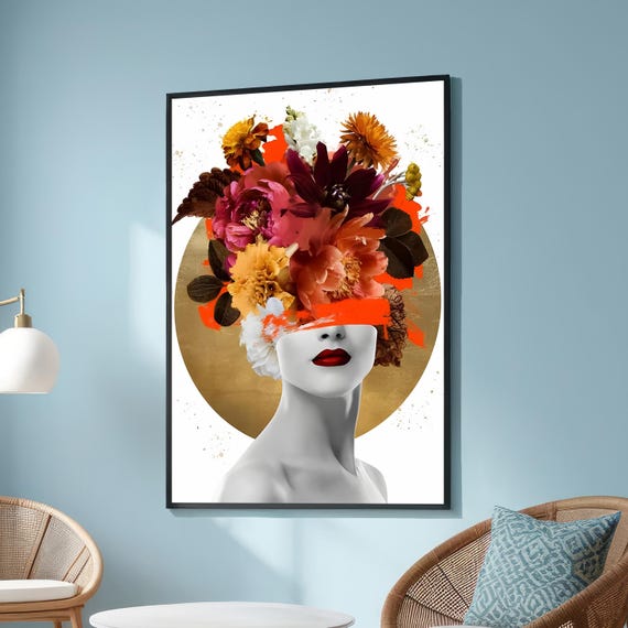 Floral Surreal Woman With Bold Red Lips And Flower Crown Modern Abstract Canvas Art Vibrant Wall Decor For Living Room Or Bedroom