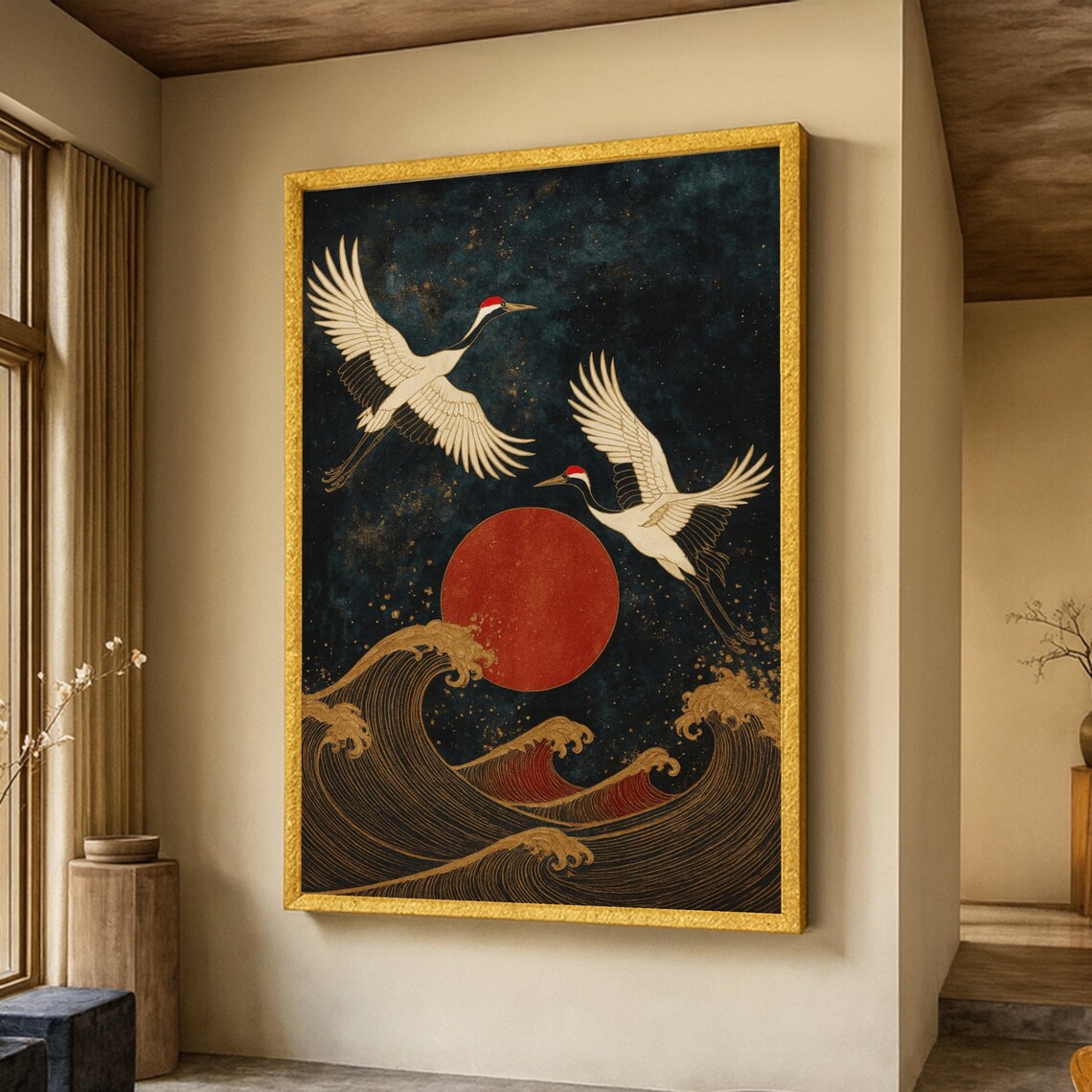 Japanese Cranes Red Sun Art Print Traditional Wave Gold Painting