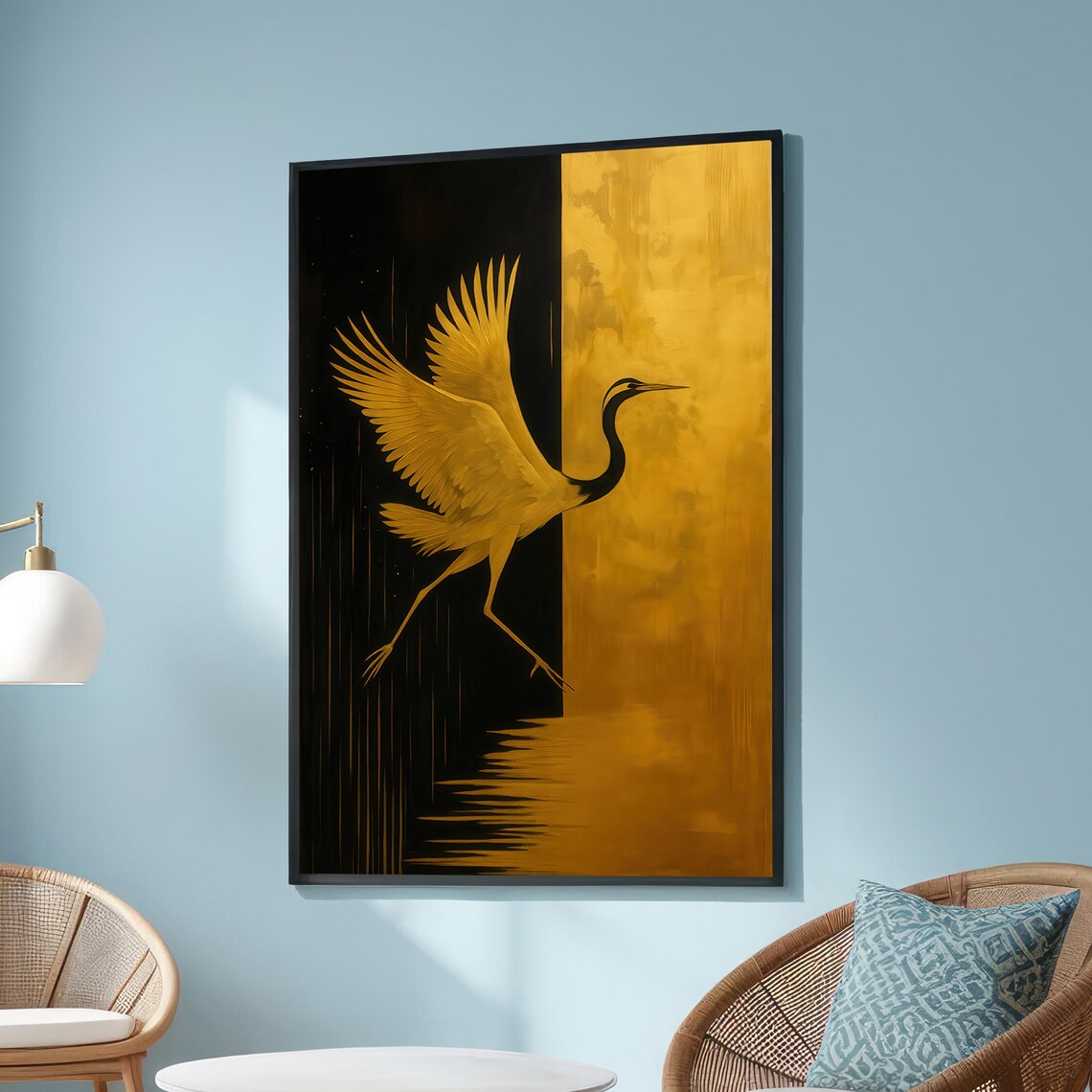 Golden Crane Minimalist Art Print, Oriental Bird