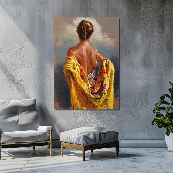 Realistic Back Portrait Woman Yellow Floral Shawl Painting Wall Art