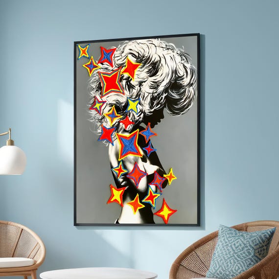 Abstract Silhouette And Colorful Stars Canvas Print Modern Pop Art Wall Decor Black White Female Figure With Bold Geometric Shapes
