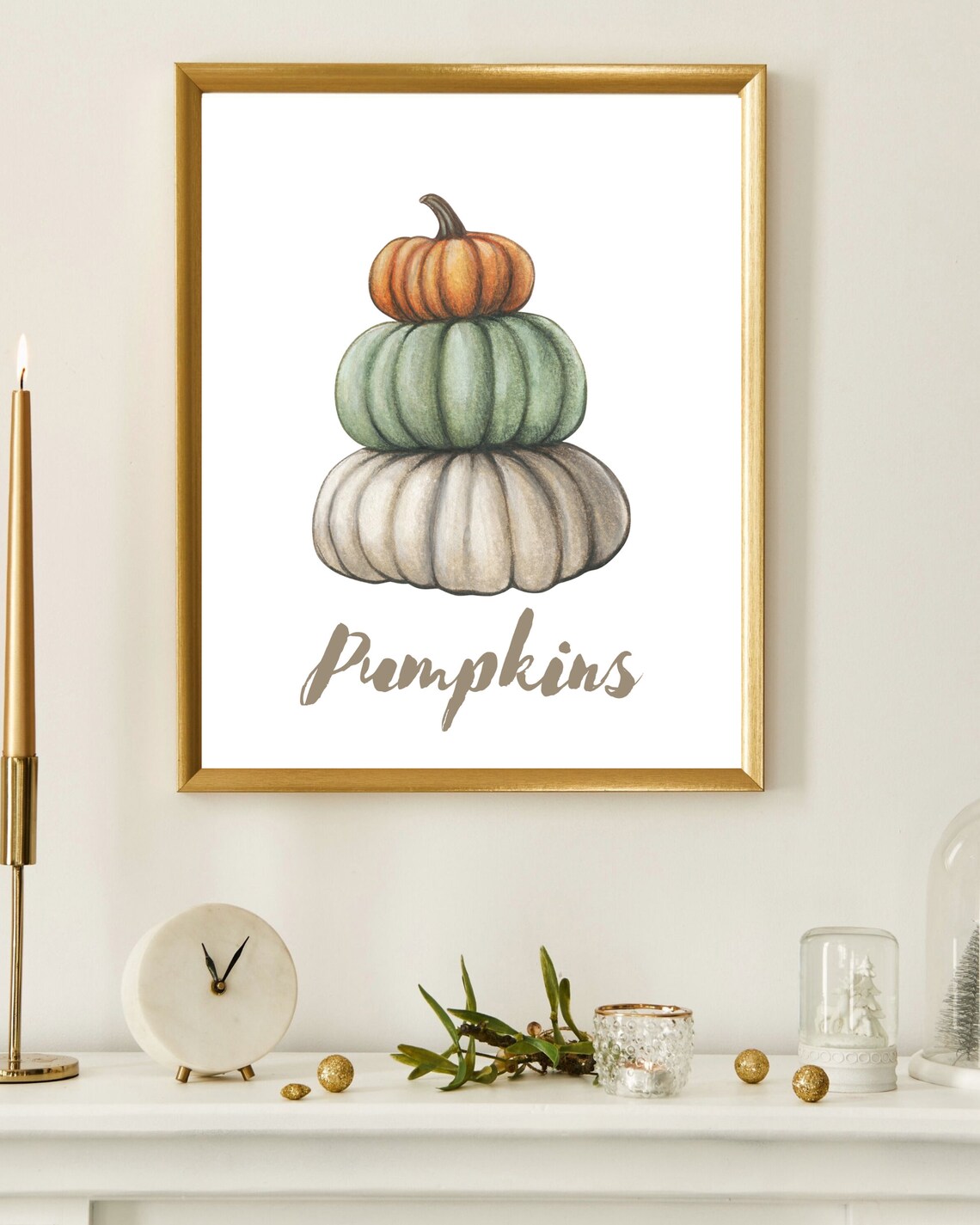 Stacked Pumpkins Orange Green White Watercolor Fall Art Poster - Image 4