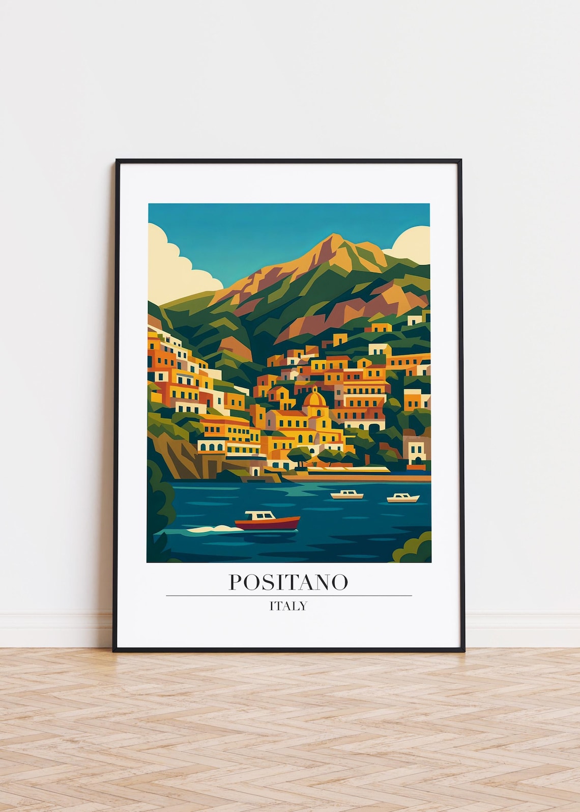 Positano Italy Travel Poster, Coastal Illustration