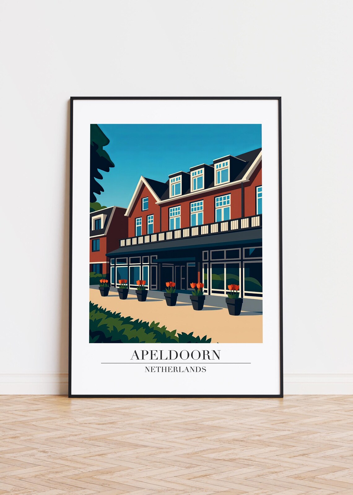 Apeldoorn Netherlands Tulips Red Brick Townhouse Travel Poster
