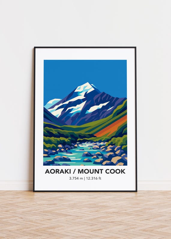 Aoraki Mount Cook Art Print Mountain Illustration Poster