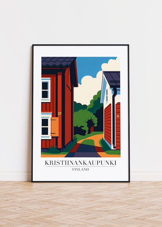 Kristiinankaupunki Finland Red Wooden Houses Alley Travel Poster