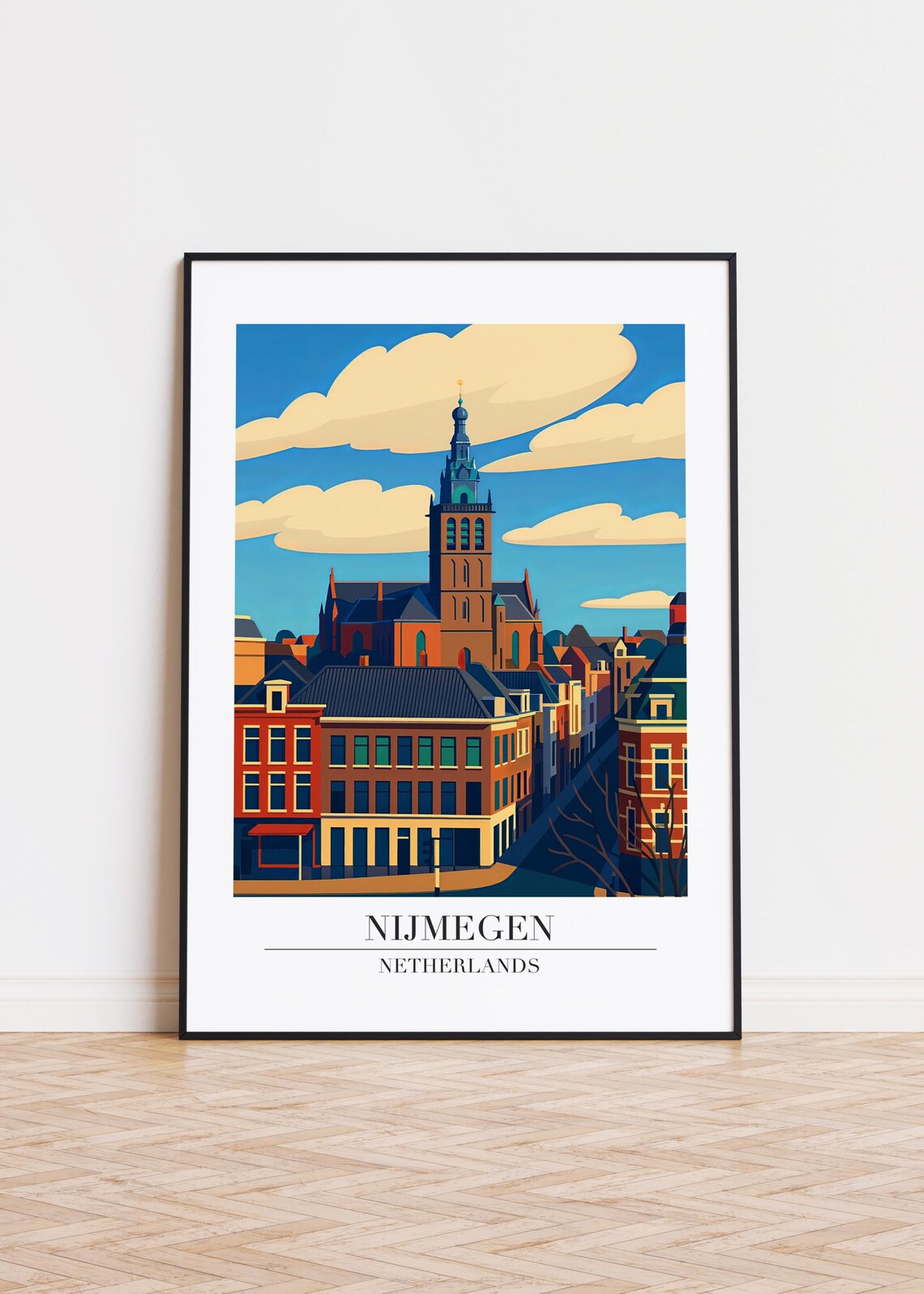 Nijmegen Netherlands Historic Church Red Rooftops Travel Poster