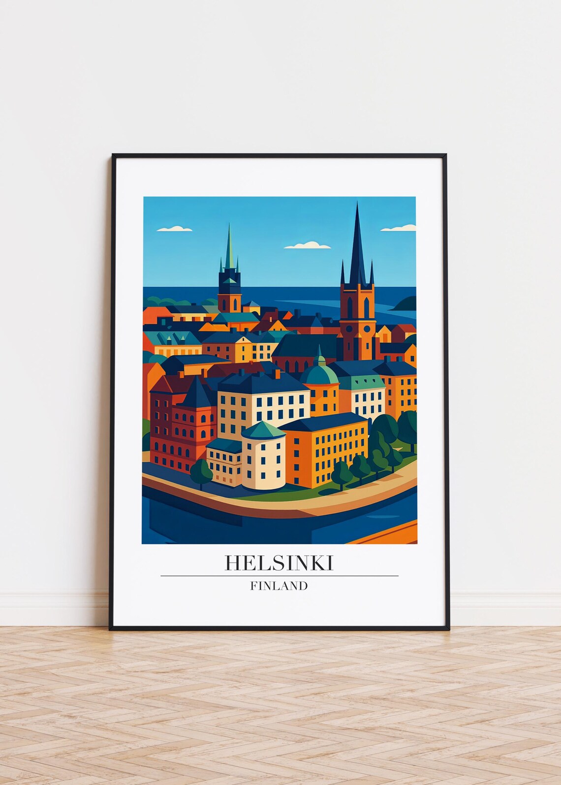 Helsinki Finland Old Town Church Spires Waterfront Travel Poster