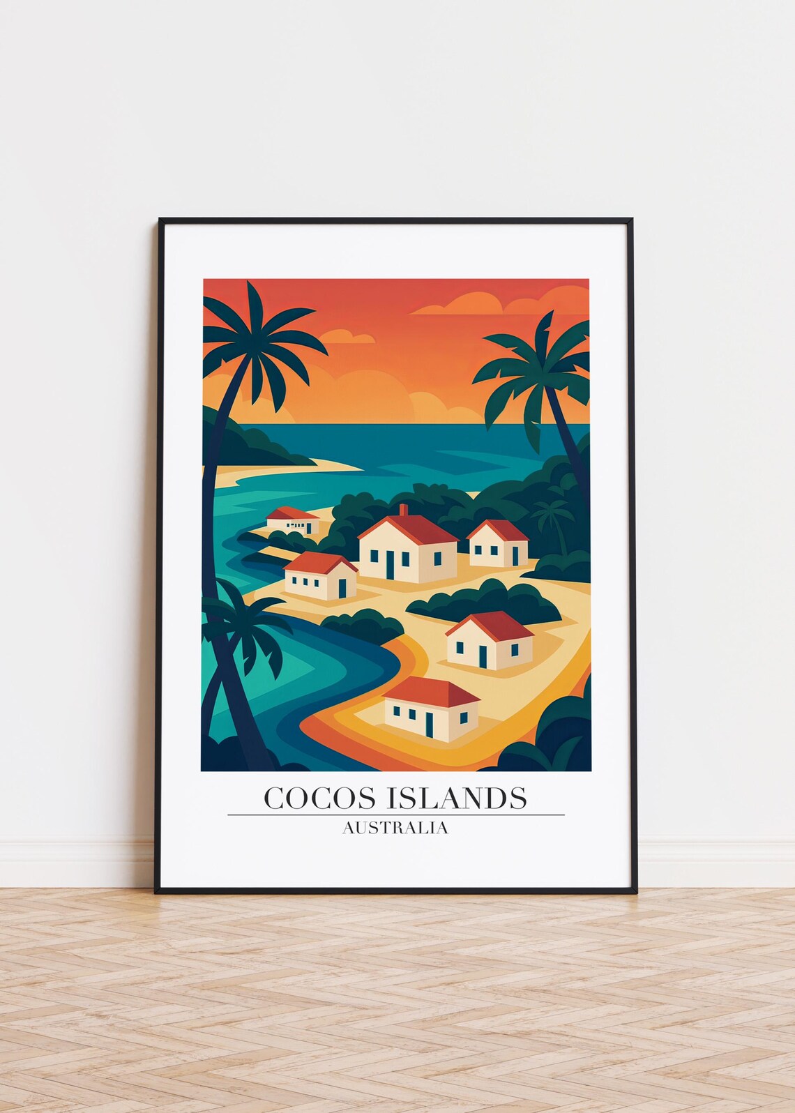 Cocos Islands Australia Beach Village Sunset Palm Illustration Poster