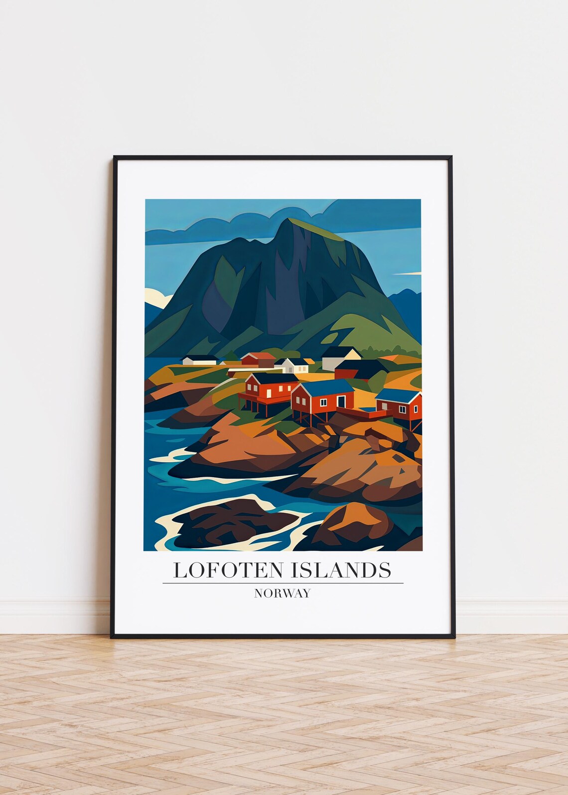 Lofoten Islands Norway Red Fishing Cabins Coastal Cliffs Art Poster