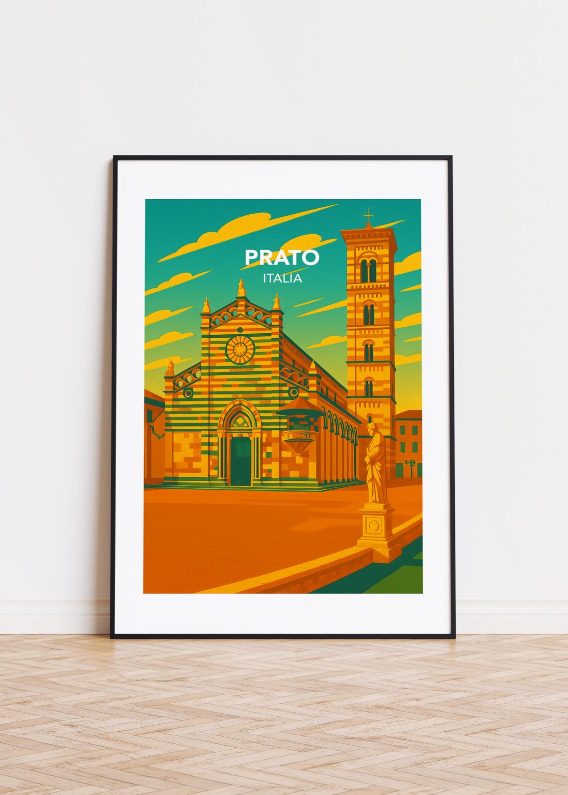 Prato Italia Cathedral Facade Retro Travel Illustration Poster